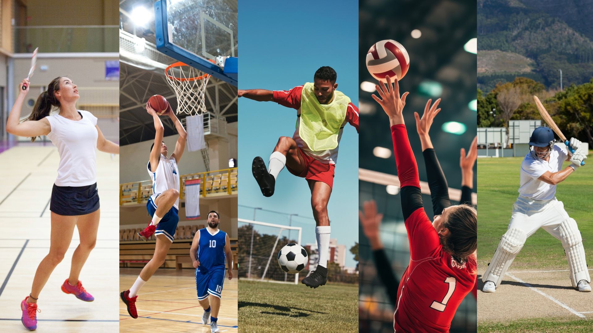 Athletes playing badminton, basketball, soccer, volleyball, and cricket in five side-by-side scenes